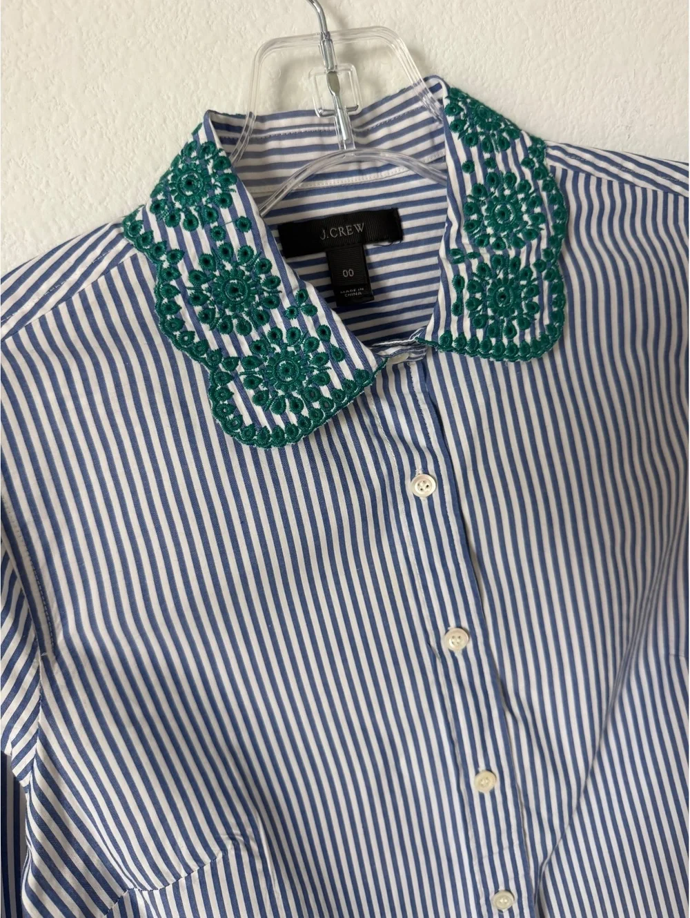 J. Crew Blue/White Striped Long Sleeve Button Up Embroidered Trim Shirt Size 00